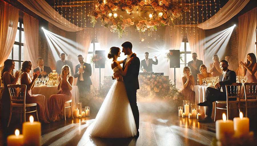 DJ za Vjenčanja Zagreb i okolica: Kako Odabrati Najboljeg DJ-a? 1 Plesni par uživa na podiju dok DJ pušta glazbu na vjenčanju u Zagrebu. DJ za VJenčanja Zagreb.