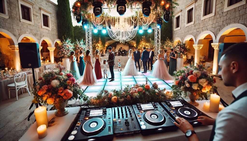 Wedding DJ Croatia – Make Your Special Day Unforgettable 1 Professional wedding DJ setup at a luxurious wedding venue in Croatia, with glowing lights, modern equipment, and a lively dance floor full of guests, surrounded by a beautiful Croatian landscape, wedding dj croatia.